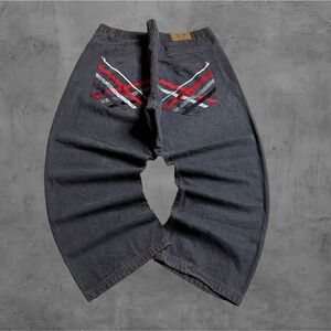 D MAX Mens Charcoal Wash Denim Jeans Red Stitching Embellished Pockets